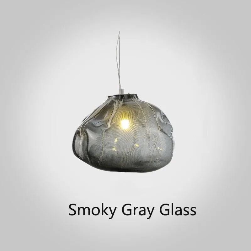 Postmodern style fabric chandelier with glass shade, shown in amber, clear, and smoke grey colours.