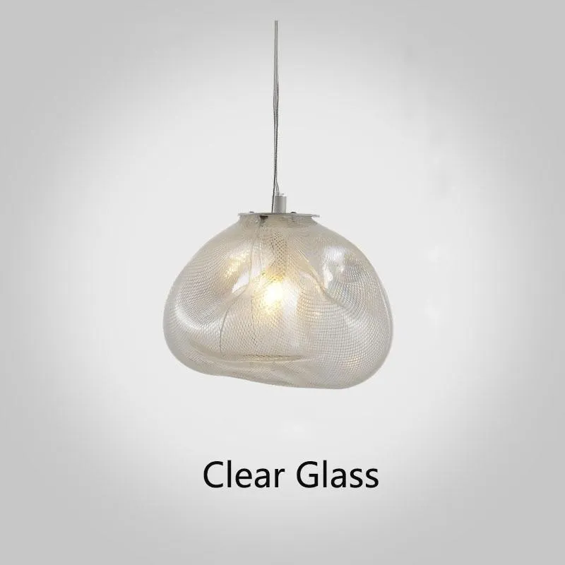 Postmodern style fabric chandelier with glass shade, shown in amber, clear, and smoke grey colours.
