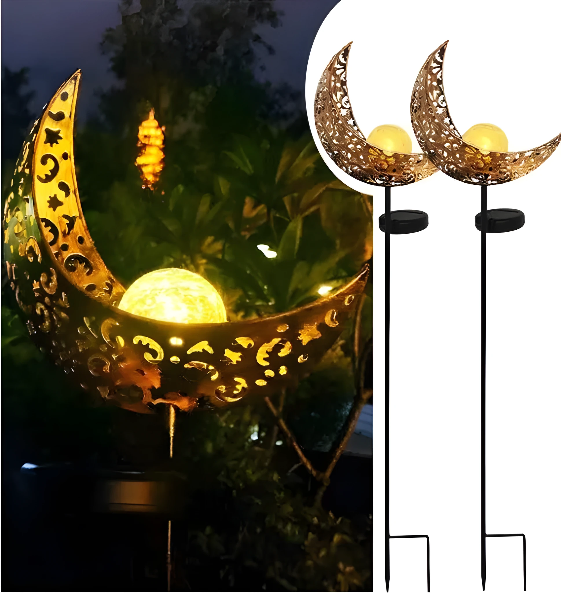 LED solar flame light with warm white glow in a garden, featuring iron and glass construction and stake stand