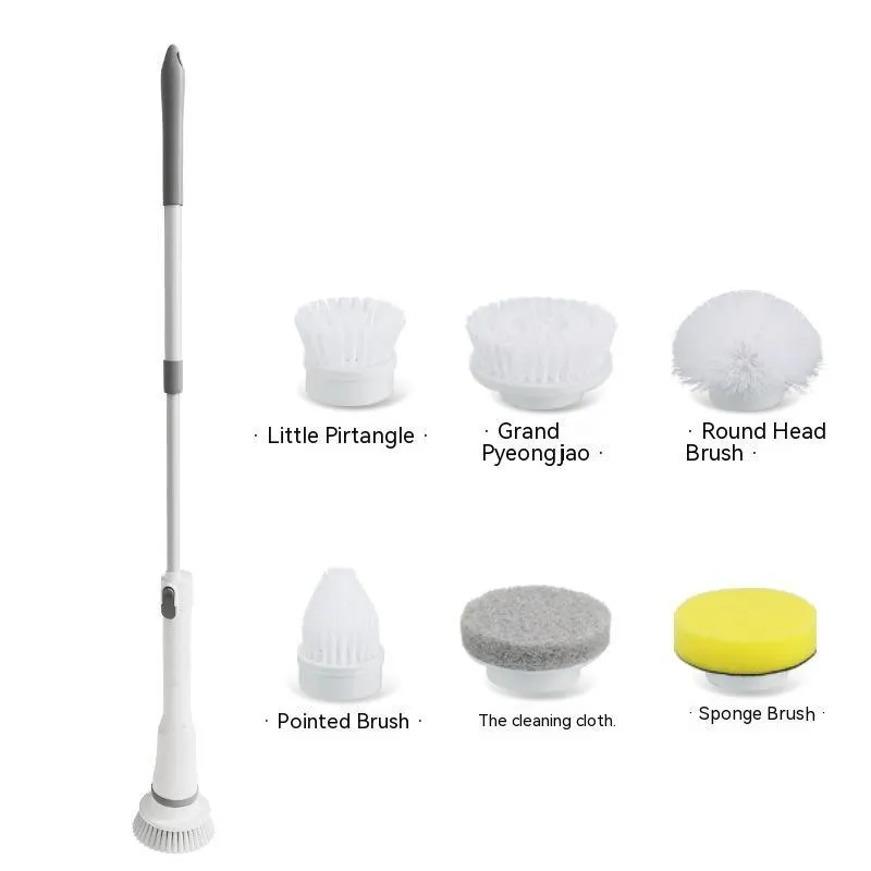 White electric scrubber cleaning brush with long telescopic handle and Type-C charging interface on a floor