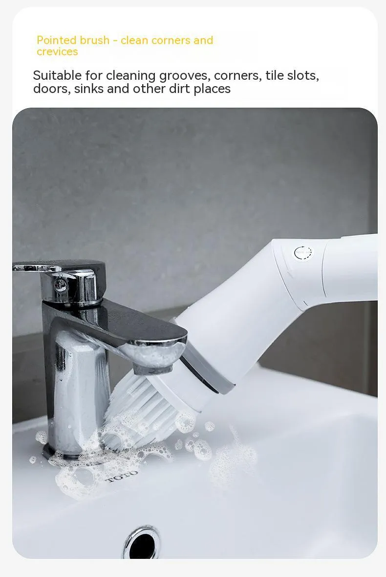 White electric scrubber cleaning brush with long telescopic handle and Type-C charging interface on a floor