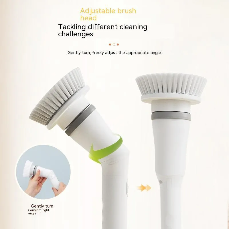 White electric scrubber cleaning brush with long telescopic handle and Type-C charging interface on a floor