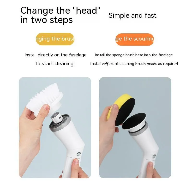 White electric scrubber cleaning brush with long telescopic handle and Type-C charging interface on a floor