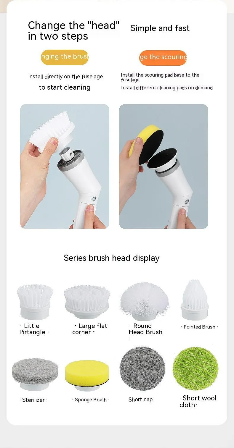 White electric scrubber cleaning brush with long telescopic handle and Type-C charging interface on a floor