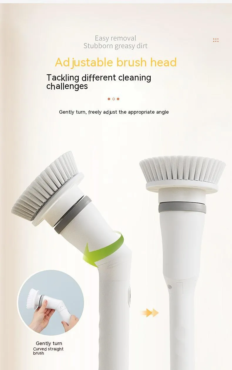 White electric scrubber cleaning brush with long telescopic handle and Type-C charging interface on a floor