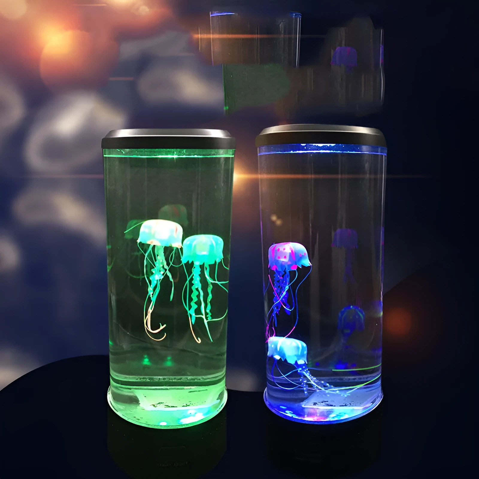 Black jellyfish LED light with acrylic shade on a desk, 35cm tall, USB powered