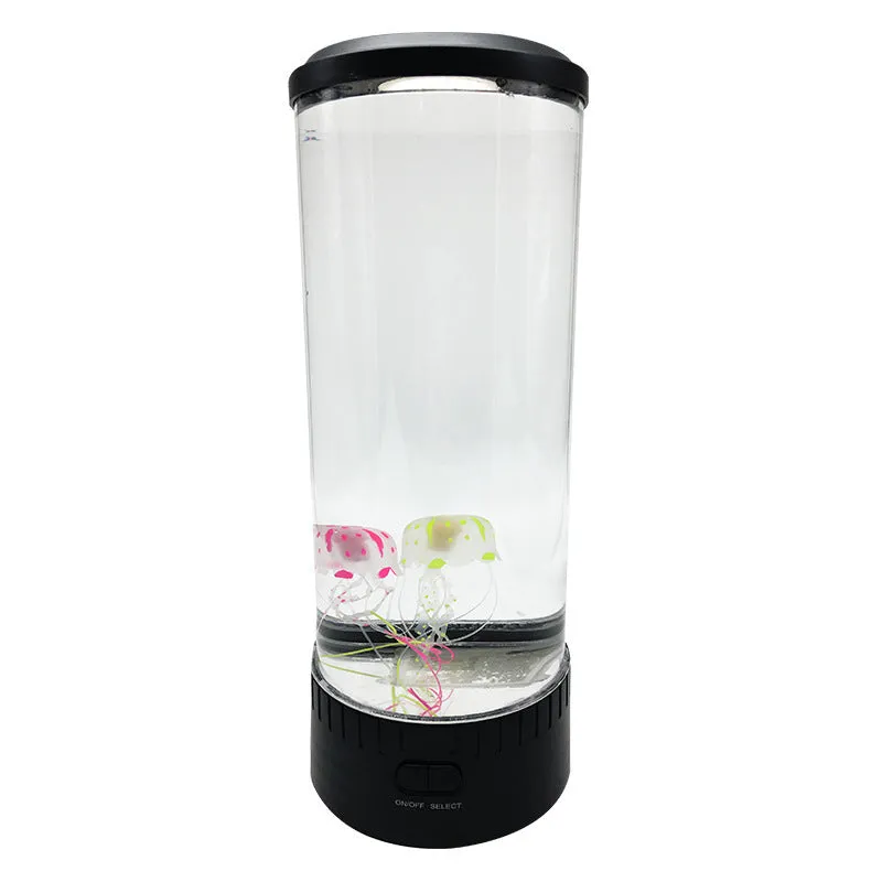 Black jellyfish LED light with acrylic shade on a desk, 35cm tall, USB powered