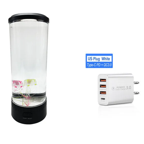 Black jellyfish LED light with acrylic shade on a desk, 35cm tall, USB powered
