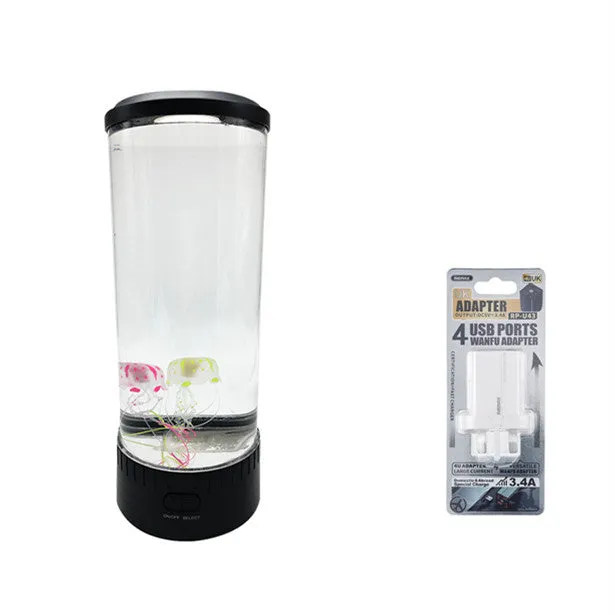 Black jellyfish LED light with acrylic shade on a desk, 35cm tall, USB powered