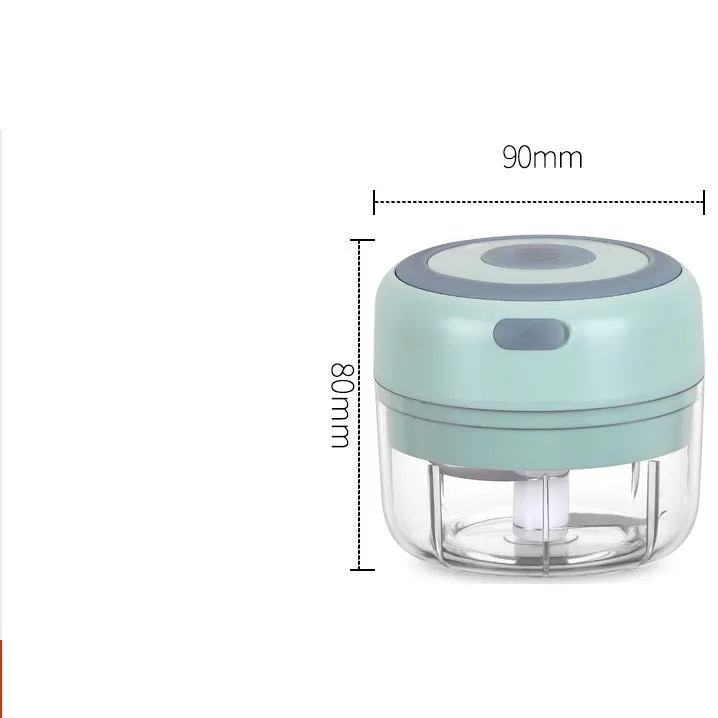 Mini electric garlic chopper with stainless steel blade and USB charging cable in green colour