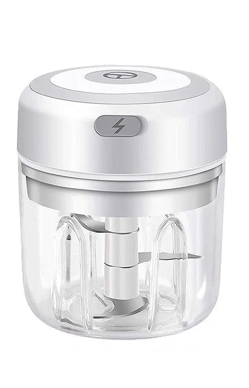 Mini electric garlic chopper with stainless steel blade and USB charging cable in green colour