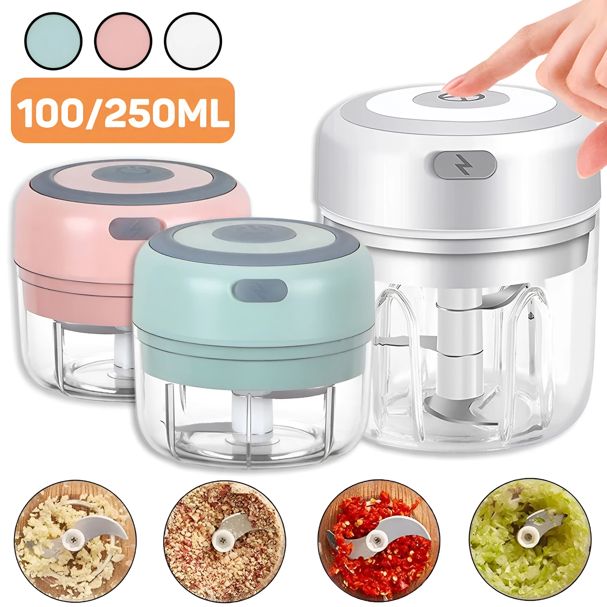 Mini electric garlic chopper with stainless steel blade and USB charging cable in green colour