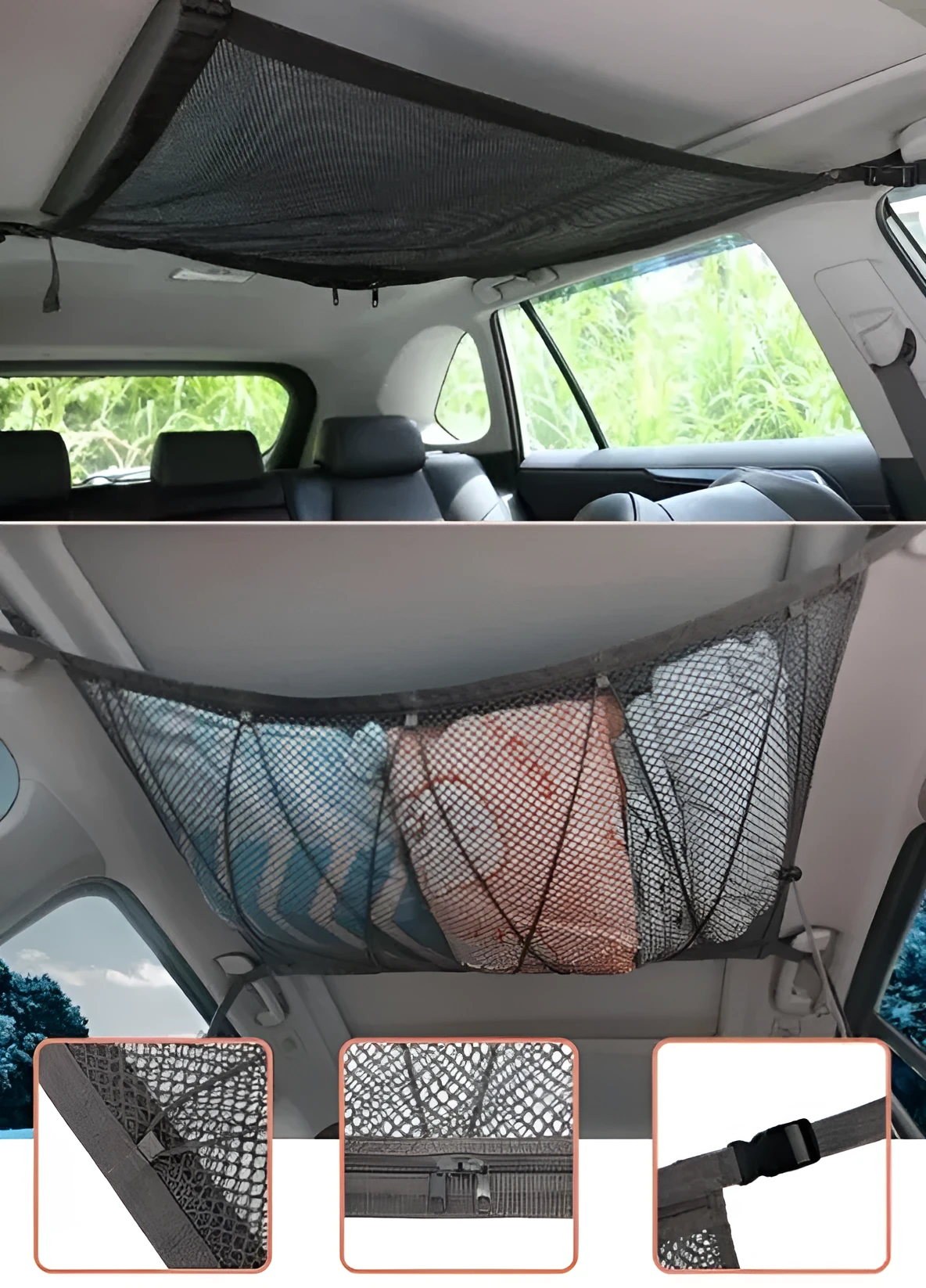 Black multifunctional hanging car storage bag with double-layer mesh, 60x80cm size, fitted on car top