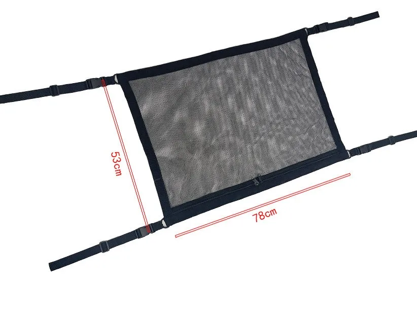 Black multifunctional hanging car storage bag with double-layer mesh, 60x80cm size, fitted on car top