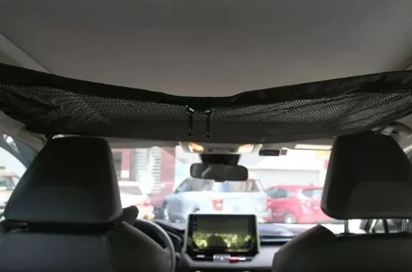 Black multifunctional hanging car storage bag with double-layer mesh, 60x80cm size, fitted on car top