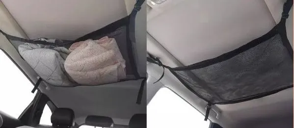 Black multifunctional hanging car storage bag with double-layer mesh, 60x80cm size, fitted on car top