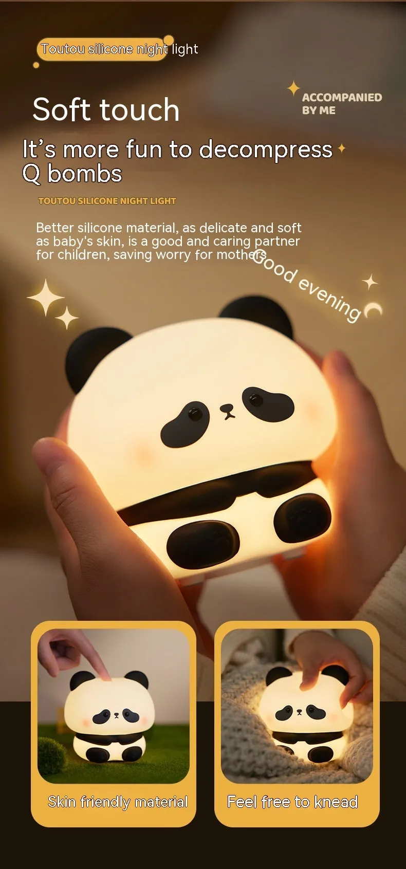 Panda LED night light made from soft silicone with USB rechargeable touch control, 2W, 1200mAh battery.
