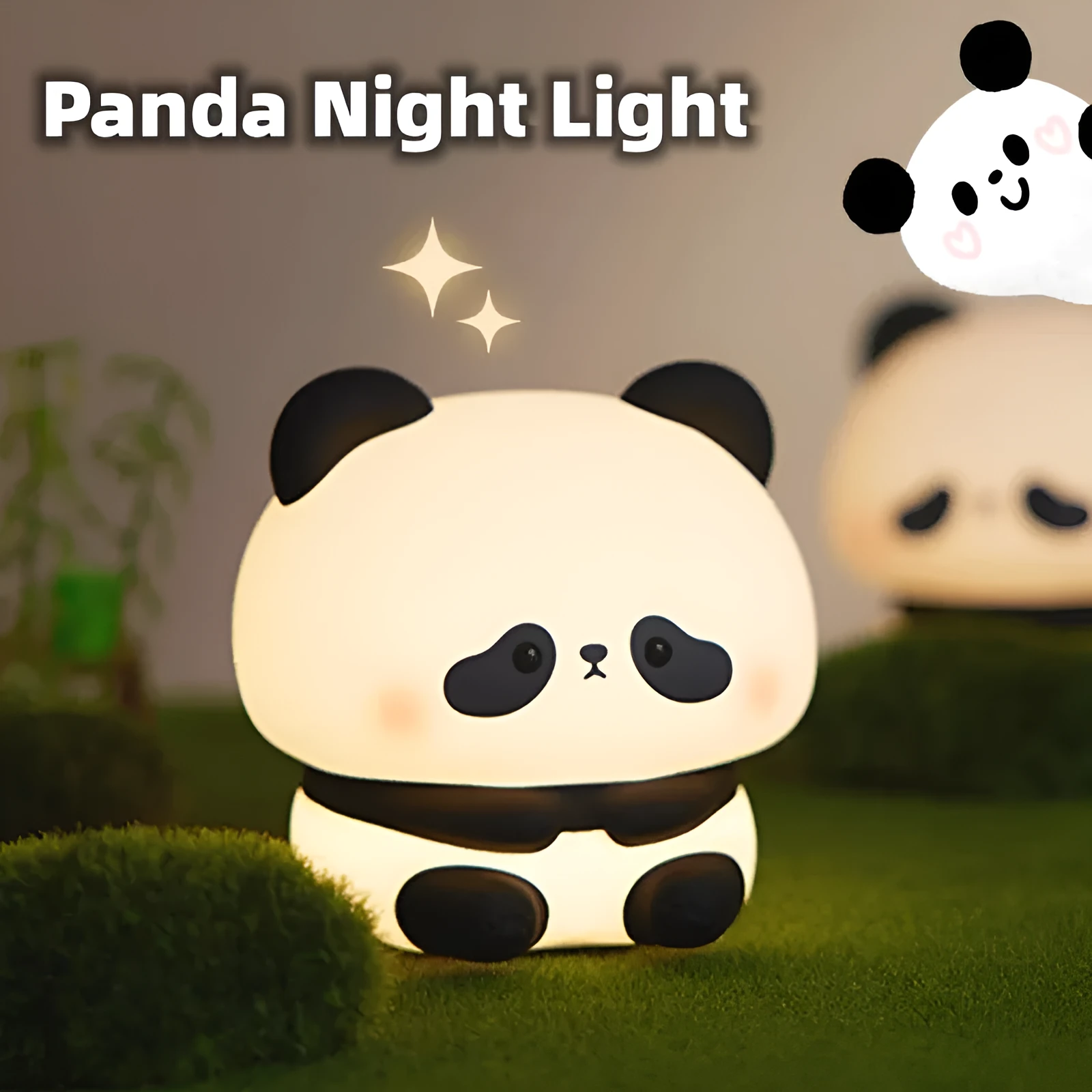 Panda LED night light made from soft silicone with USB rechargeable touch control, 2W, 1200mAh battery.