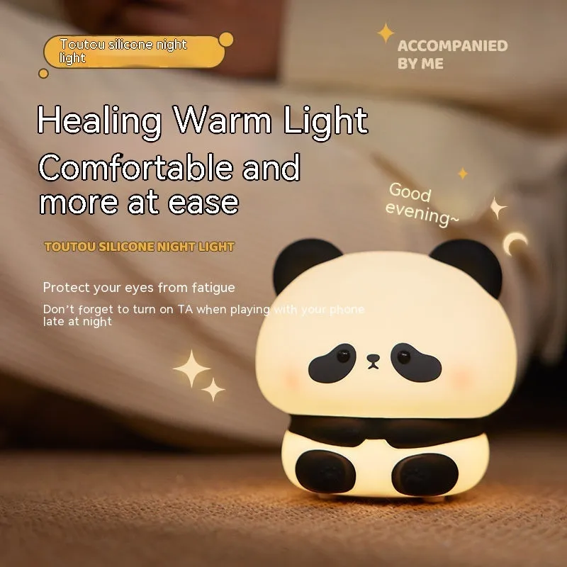Panda LED night light made from soft silicone with USB rechargeable touch control, 2W, 1200mAh battery.