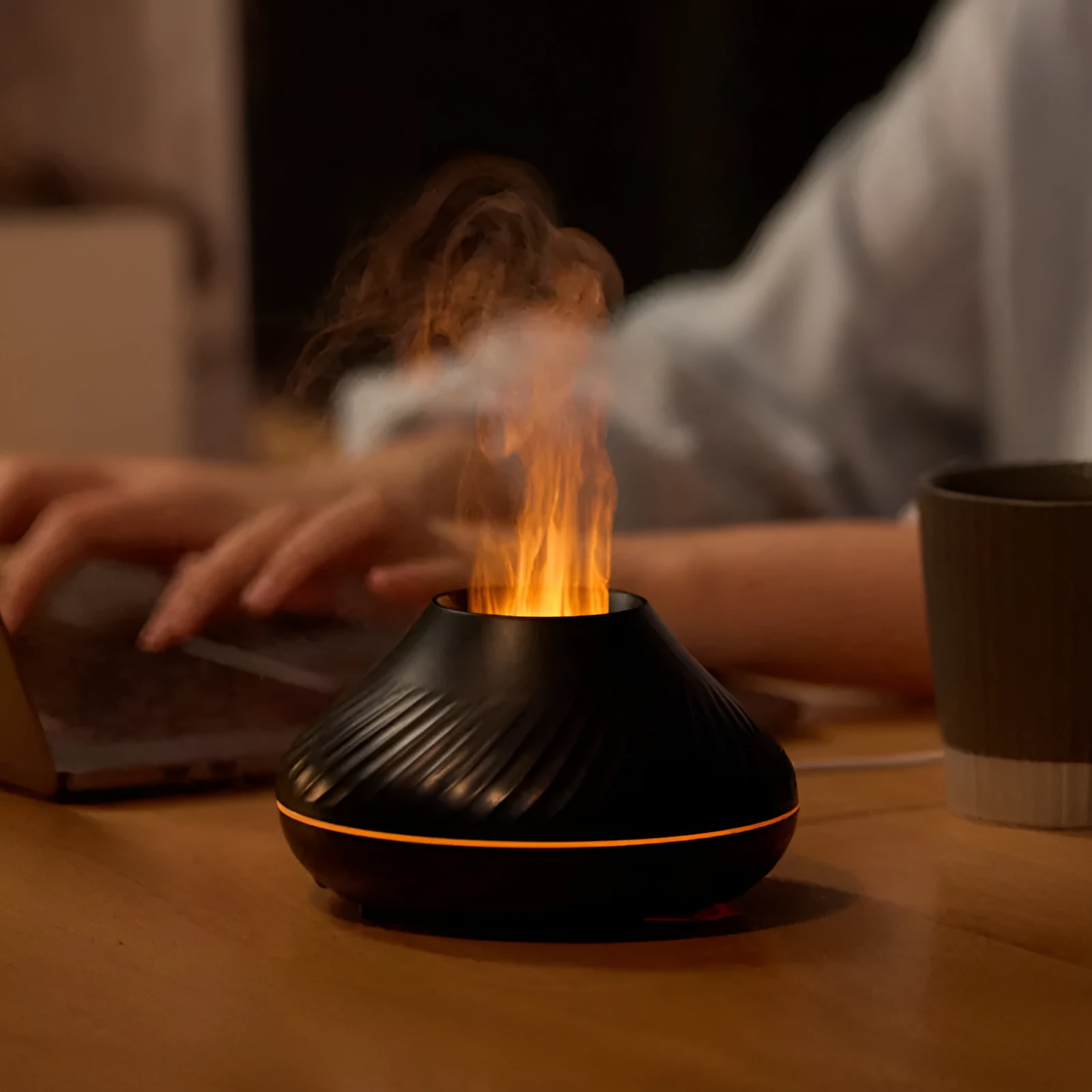 RGB flame aroma diffuser 130ml 3D colourful fire volcano effect night light black white, with Type-C cable