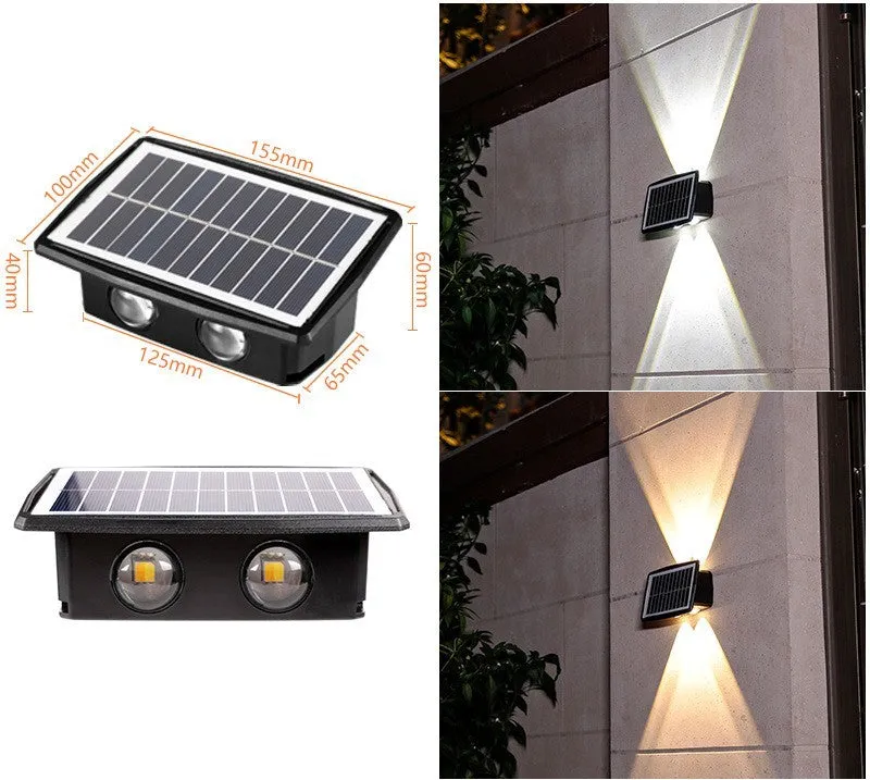 Solar outdoor wall light with 4 LED beads and glass polysilicon panel mounted on a garden wall