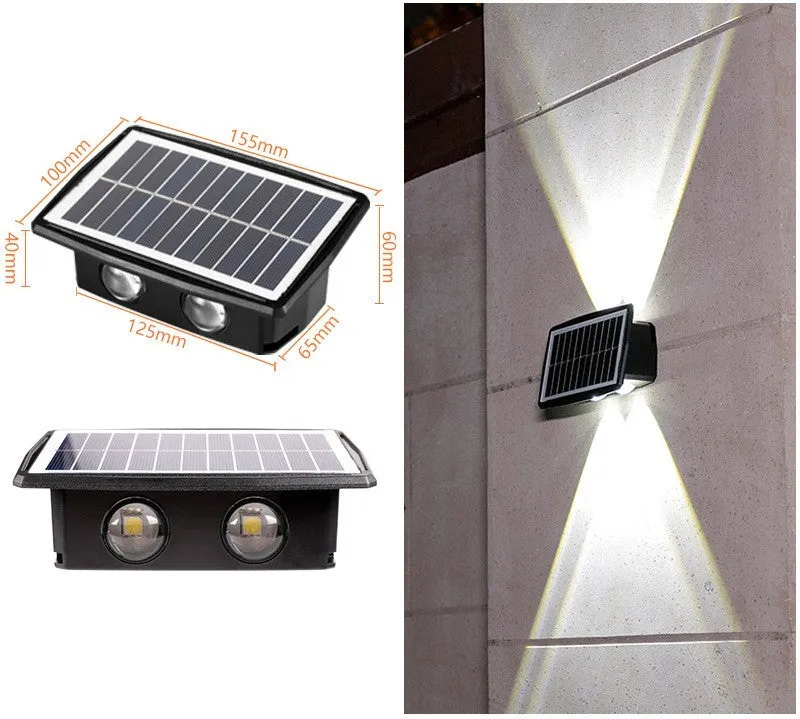 Solar outdoor wall light with 4 LED beads and glass polysilicon panel mounted on a garden wall