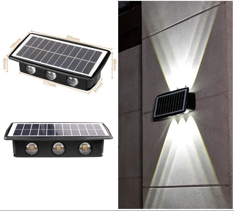 Solar outdoor wall light with 4 LED beads and glass polysilicon panel mounted on a garden wall