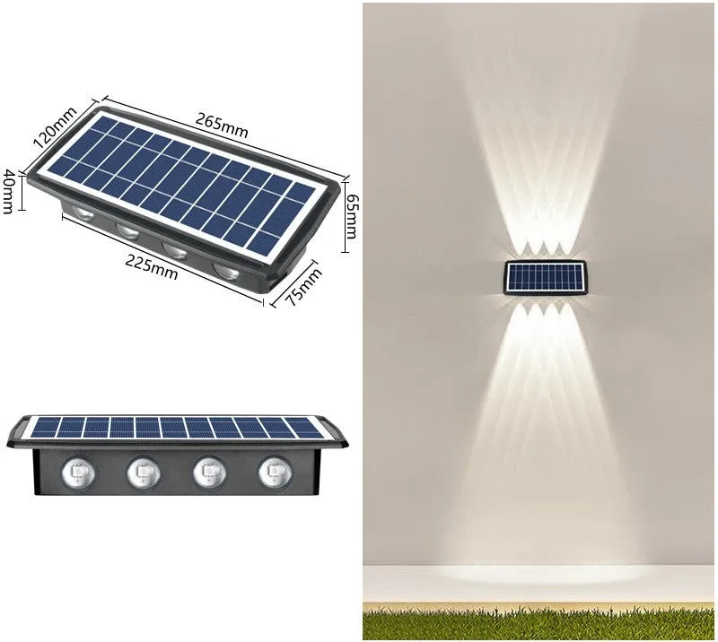 Solar outdoor wall light with 4 LED beads and glass polysilicon panel mounted on a garden wall