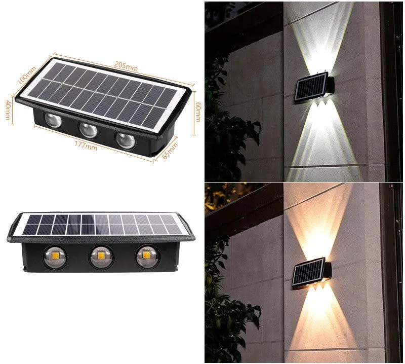 Solar outdoor wall light with 4 LED beads and glass polysilicon panel mounted on a garden wall