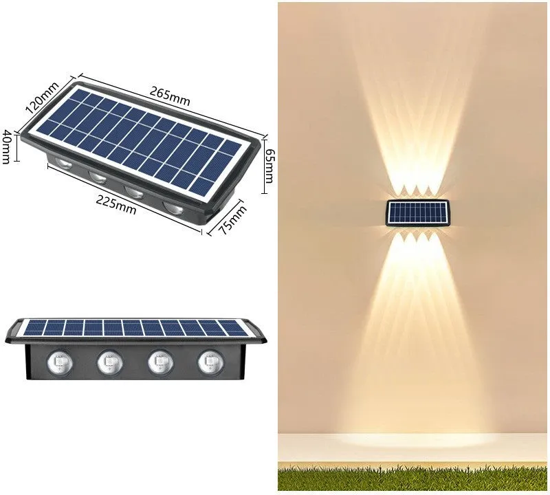 Solar outdoor wall light with 4 LED beads and glass polysilicon panel mounted on a garden wall