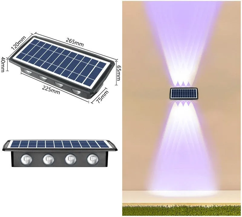 Solar outdoor wall light with 4 LED beads and glass polysilicon panel mounted on a garden wall