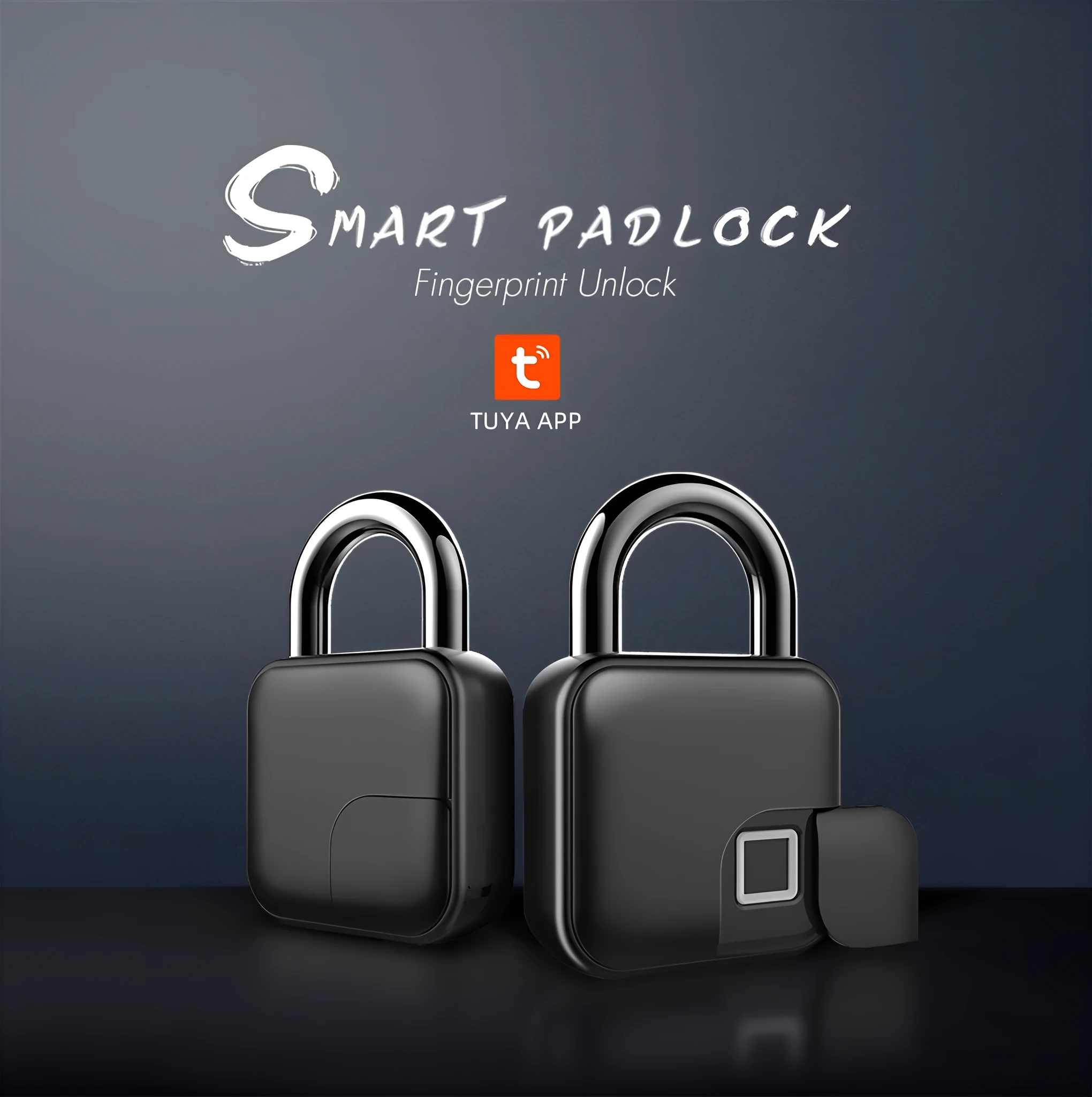 Black zinc alloy smart fingerprint padlock with Bluetooth remote, L3 model, on a blue background