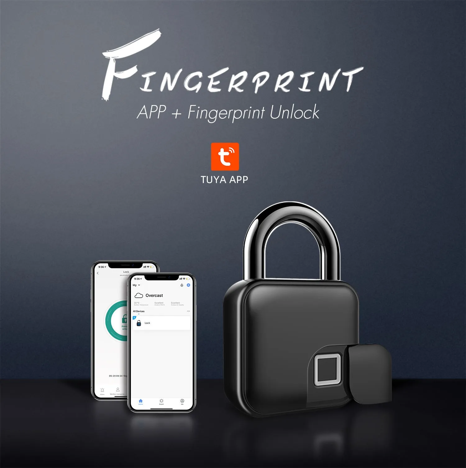 Black zinc alloy smart fingerprint padlock with Bluetooth remote, L3 model, on a blue background