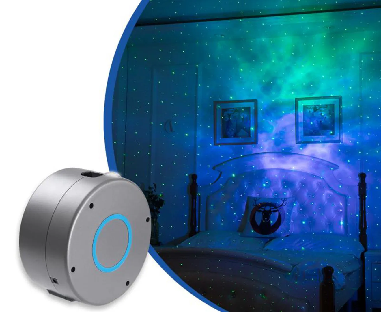 Galaxy starry sky projector rotating night light with remote control showing 7 colour projections on a bedroom ceiling