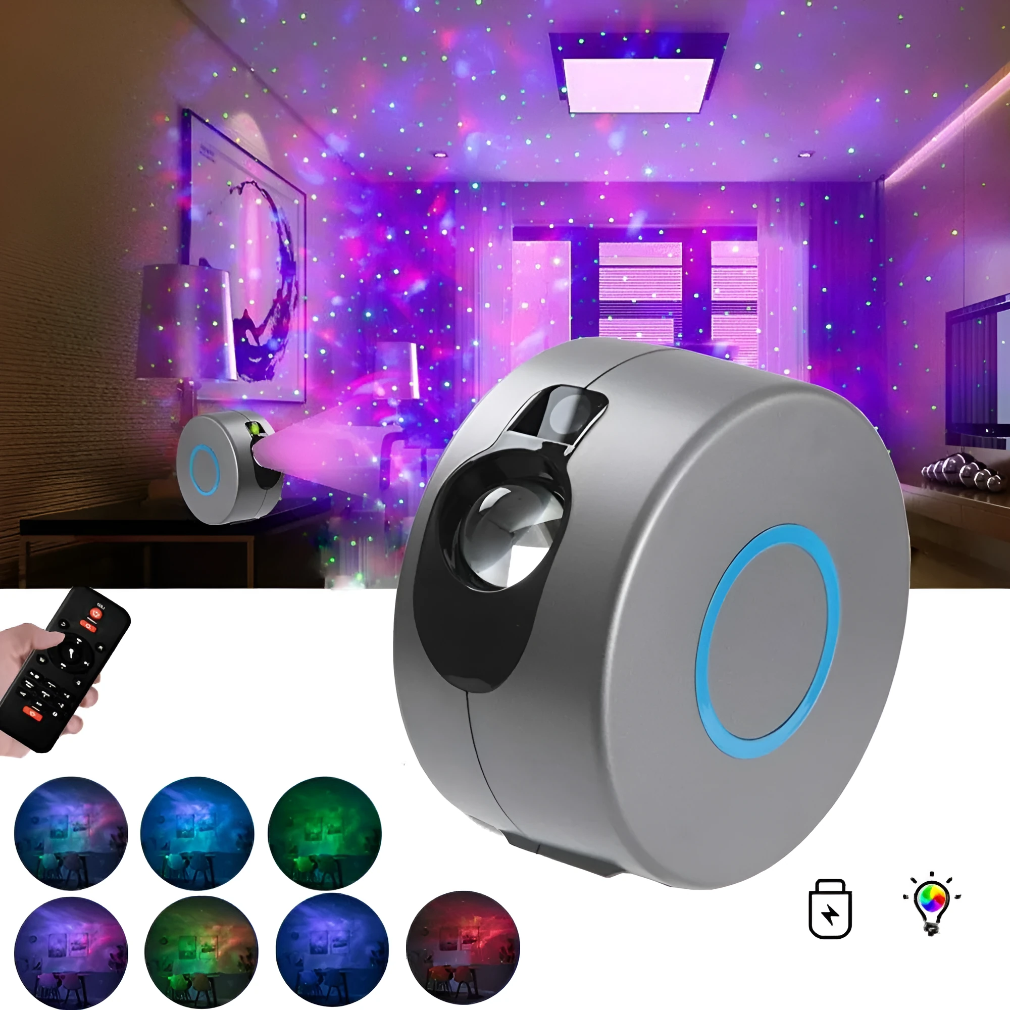 Galaxy starry sky projector rotating night light with remote control showing 7 colour projections on a bedroom ceiling