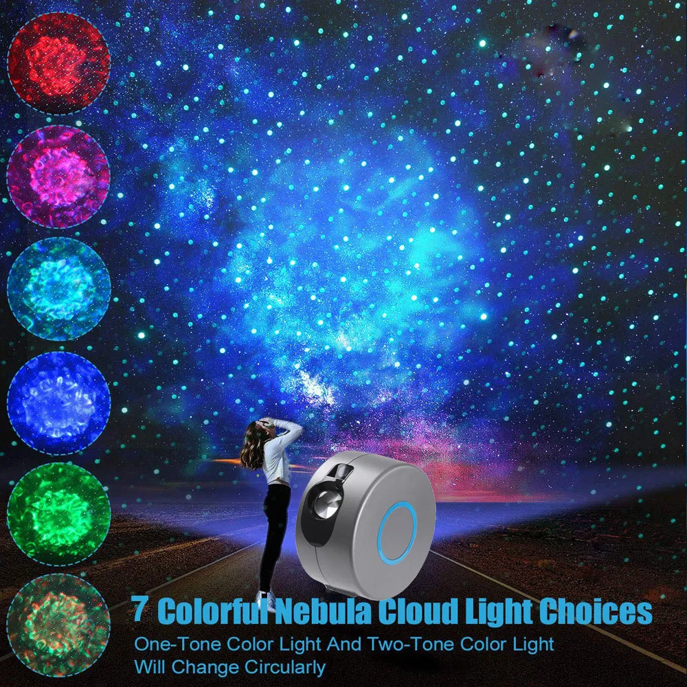 Galaxy starry sky projector rotating night light with remote control showing 7 colour projections on a bedroom ceiling