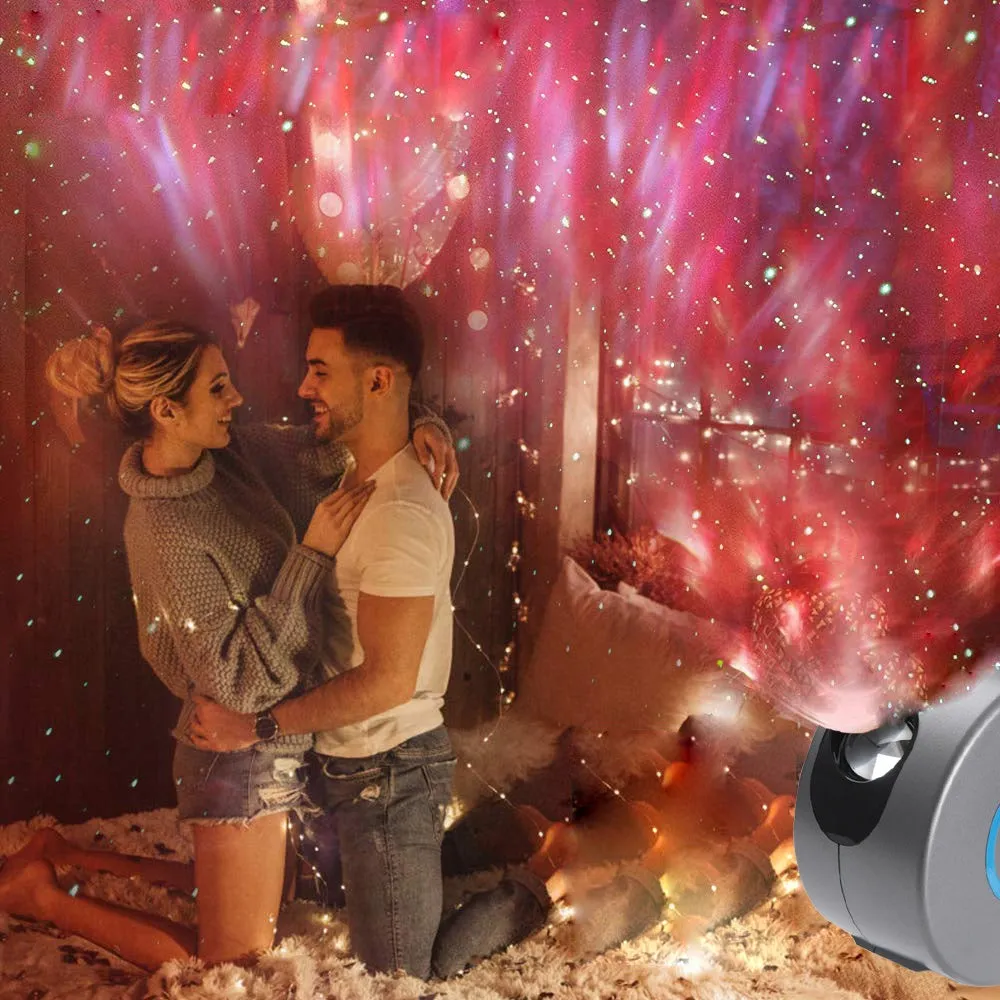 Galaxy starry sky projector rotating night light with remote control showing 7 colour projections on a bedroom ceiling