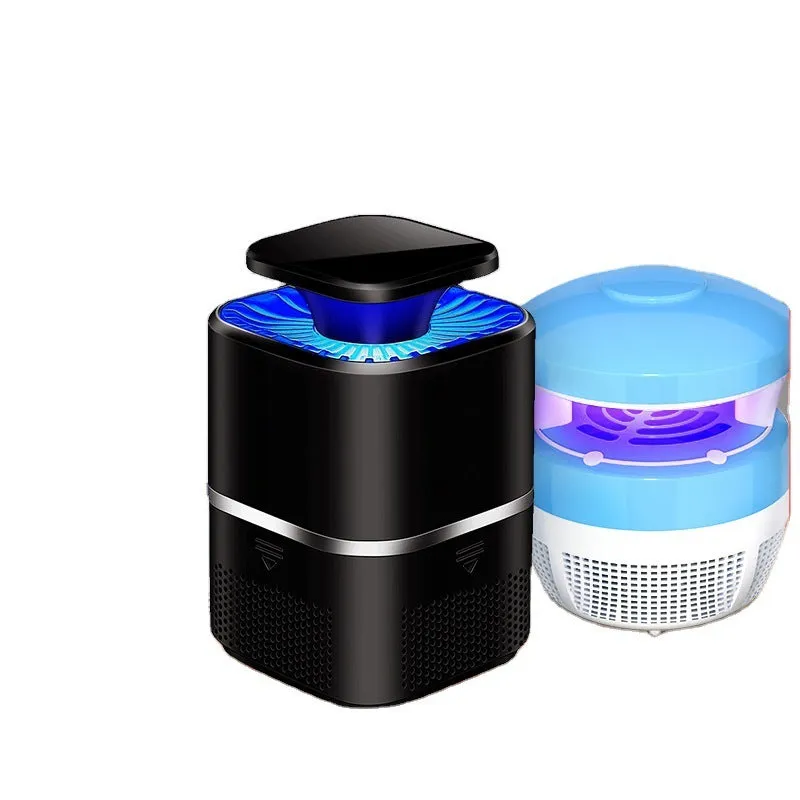 White ultimate version photocatalyst mosquito killer with blue light on a flat surface, USB cable attached
