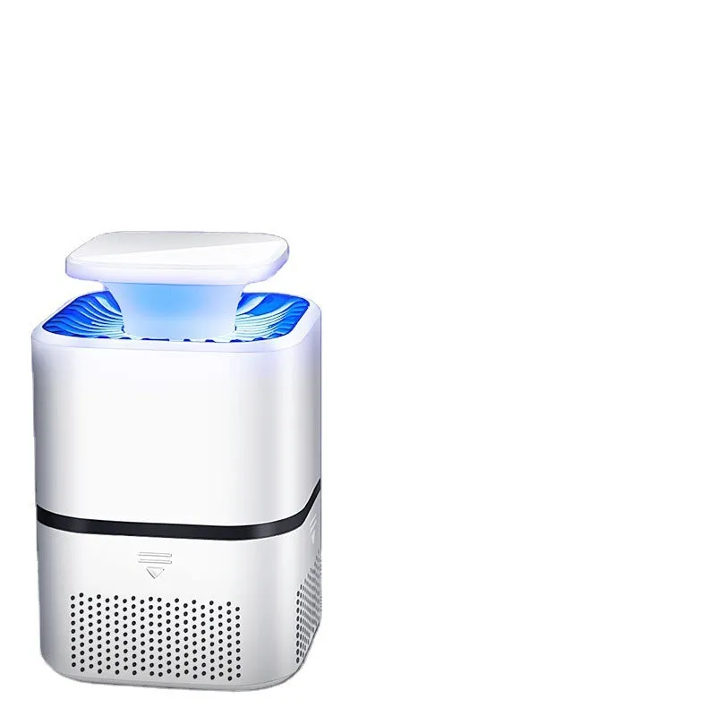 White ultimate version photocatalyst mosquito killer with blue light on a flat surface, USB cable attached
