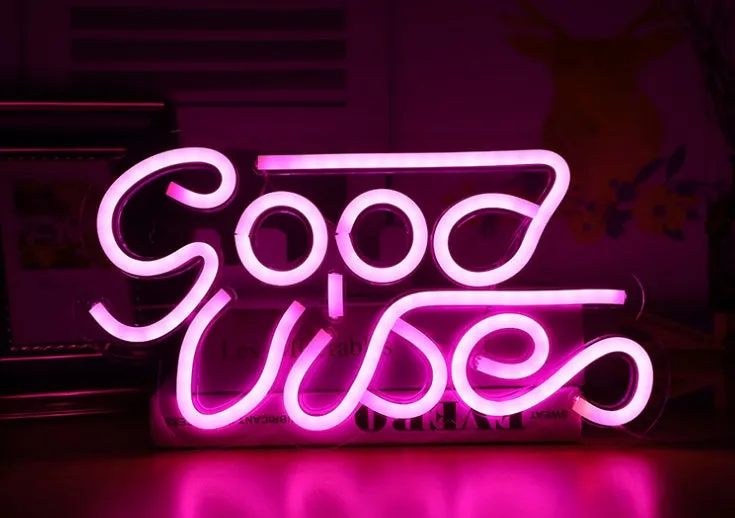 LED transparent acrylic neon light in Good Vibes size, USB powered, for wall hanging decoration