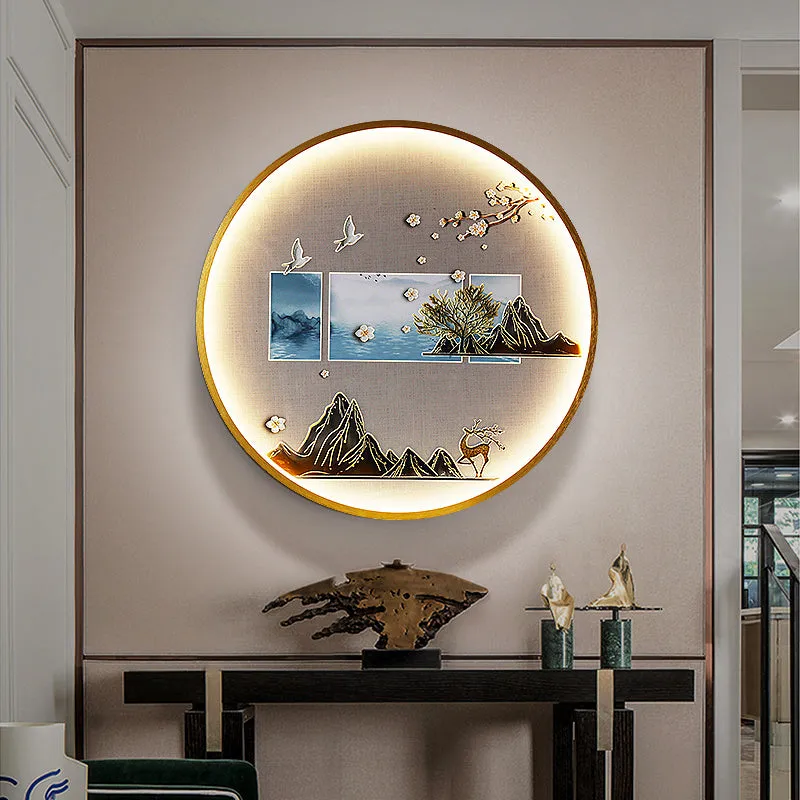 Three dimensional relief decorative painting lamp with landscape mural in metal frame for entryway wall
