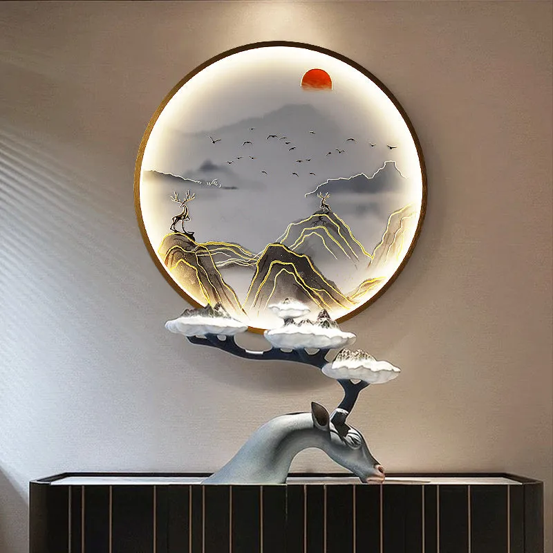 Three dimensional relief decorative painting lamp with landscape mural in metal frame for entryway wall