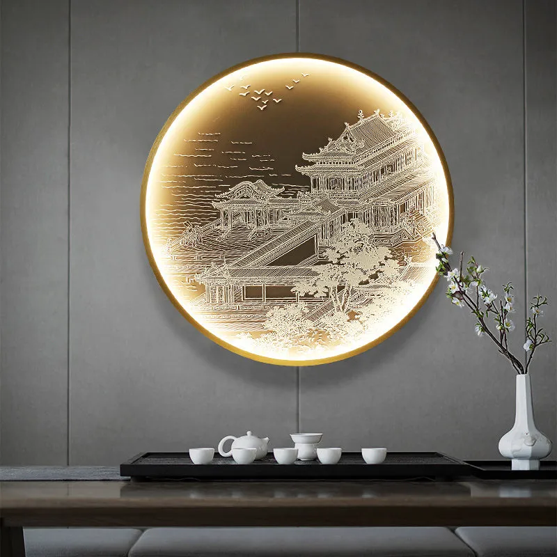 Three dimensional relief decorative painting lamp with landscape mural in metal frame for entryway wall