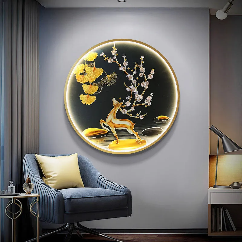 Three dimensional relief decorative painting lamp with landscape mural in metal frame for entryway wall