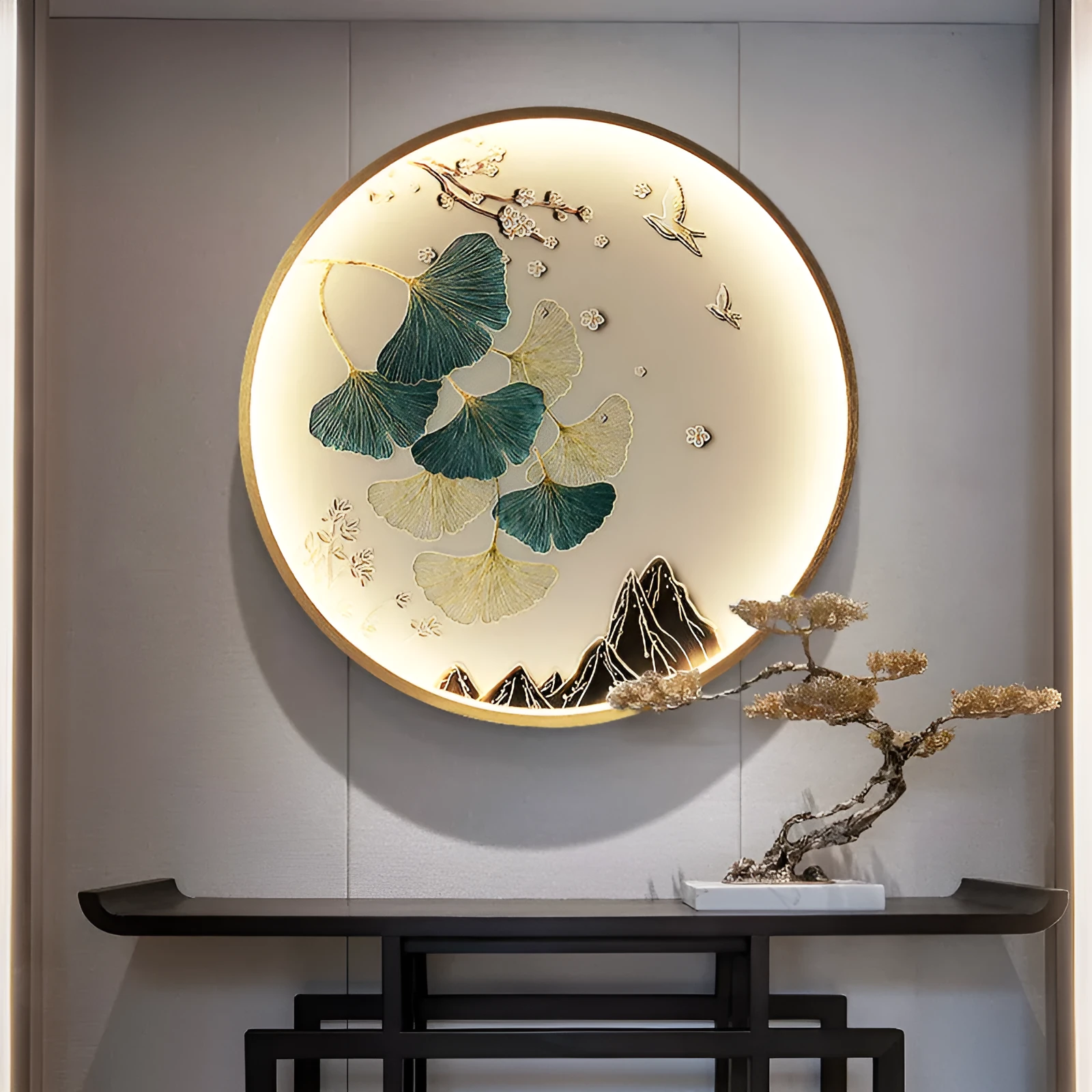 Three dimensional relief decorative painting lamp with landscape mural in metal frame for entryway wall