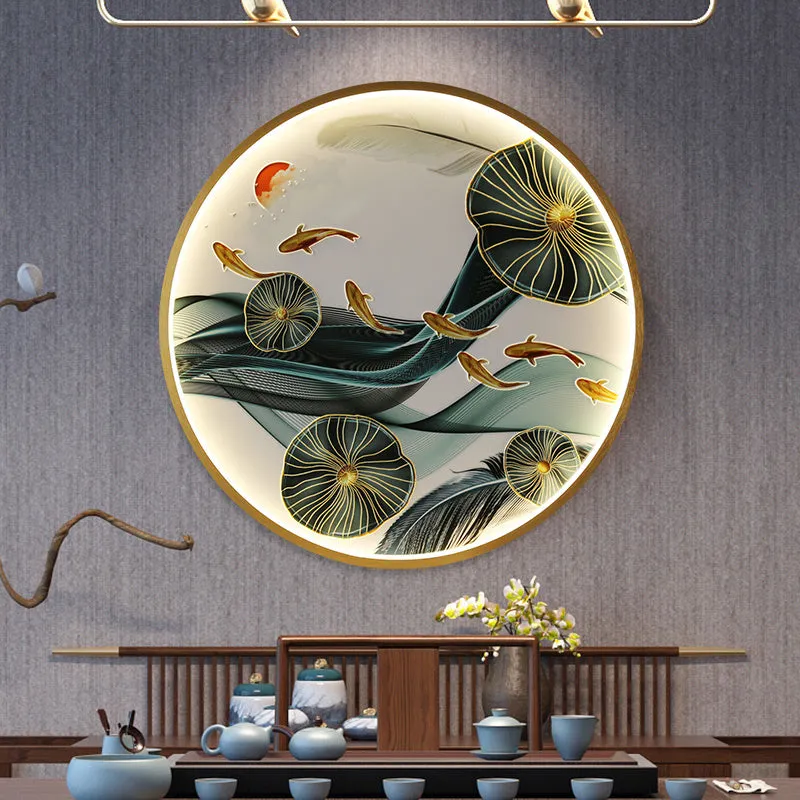 Three dimensional relief decorative painting lamp with landscape mural in metal frame for entryway wall