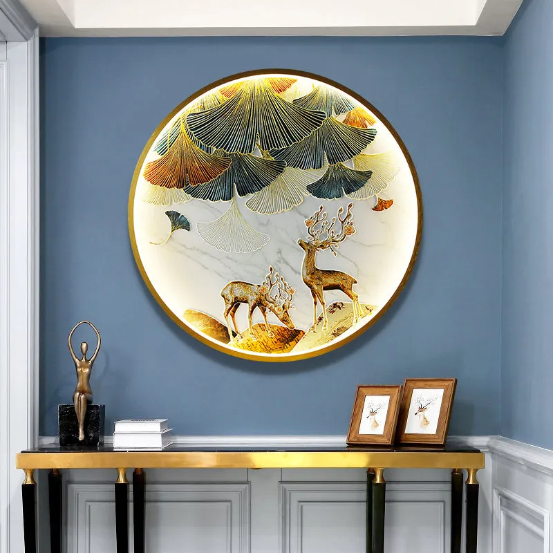 Three dimensional relief decorative painting lamp with landscape mural in metal frame for entryway wall