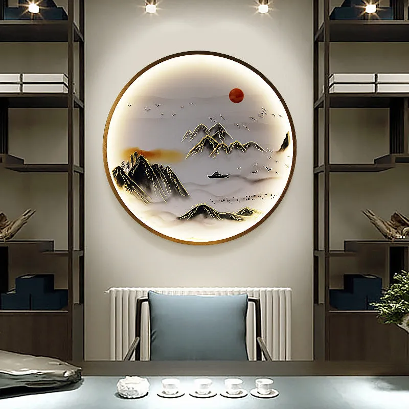 Three dimensional relief decorative painting lamp with landscape mural in metal frame for entryway wall