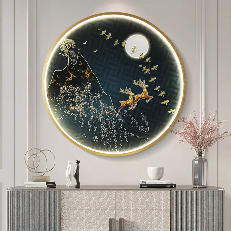 Three dimensional relief decorative painting lamp with landscape mural in metal frame for entryway wall