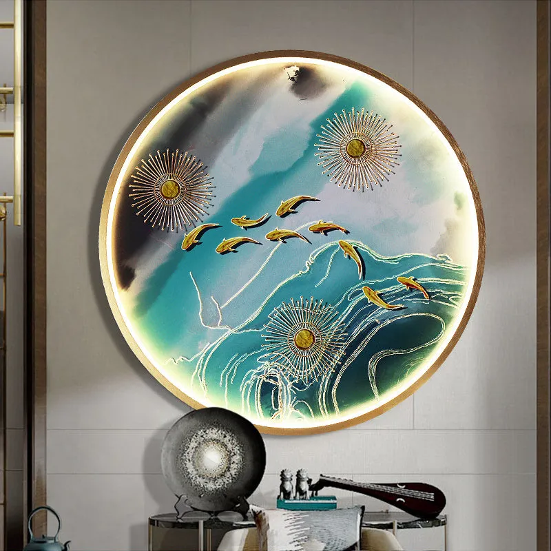 Three dimensional relief decorative painting lamp with landscape mural in metal frame for entryway wall